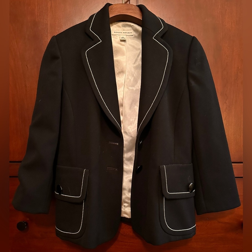 LADIES BANANA REPUBLIC VINTAGE BLACK 3/4 SLEEVE WOOL BLAZER SUIT JACKET - SIZE 4